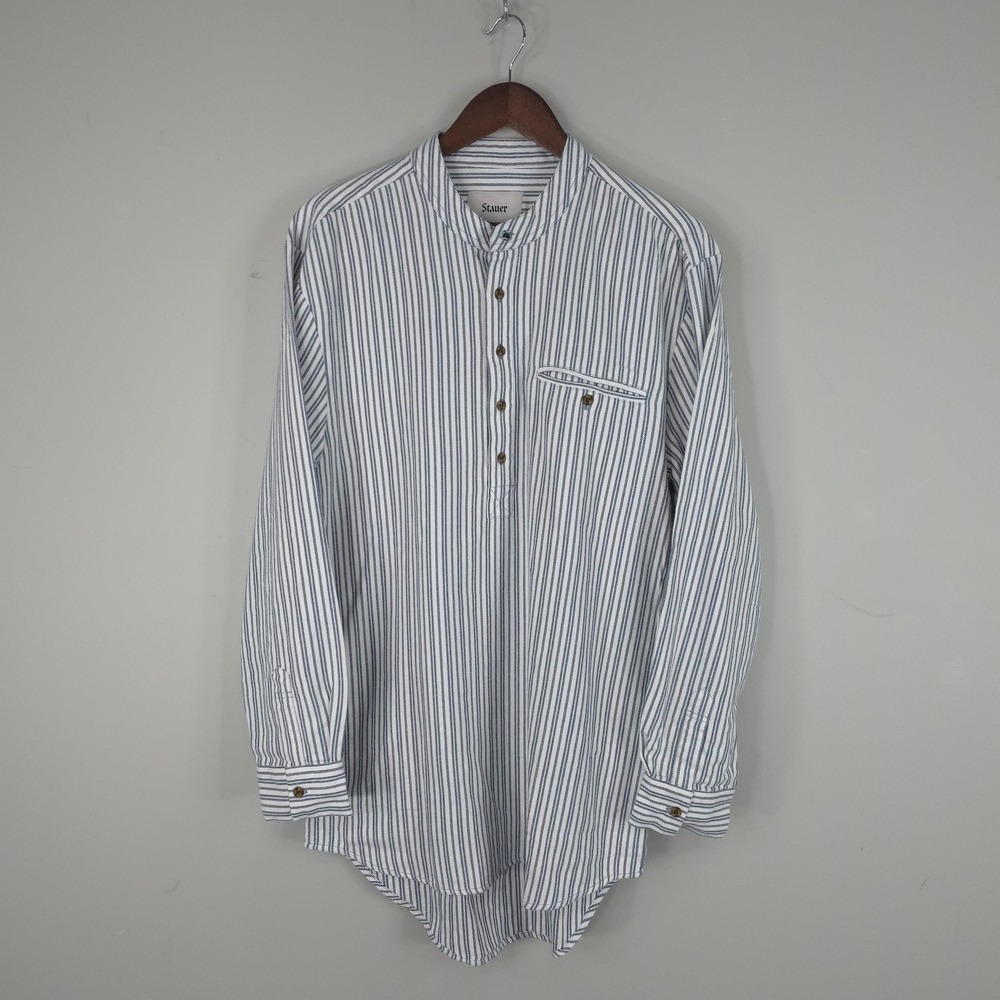 Stauer Shirt‎ Mens Medium White Stripe Grandpa Band Collar Popover Cotton Work